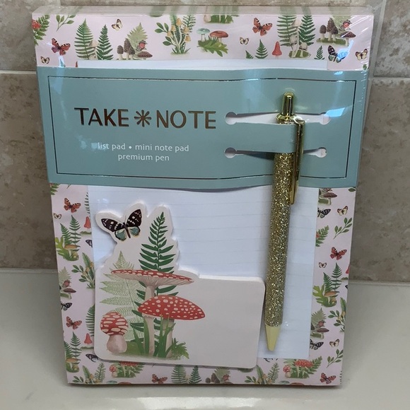 Stationary Set with Gold Pen 3 Piece Note Pad Set With Mushrooms and Butterflies - Picture 1 of 5